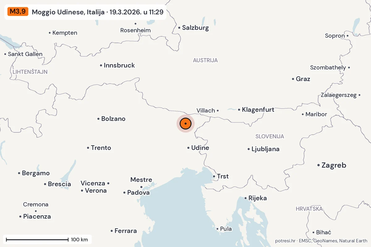 Karta: šire područje, 600 km, potres M3,9, Moggio Udinese, Italija, 19.3.2026.