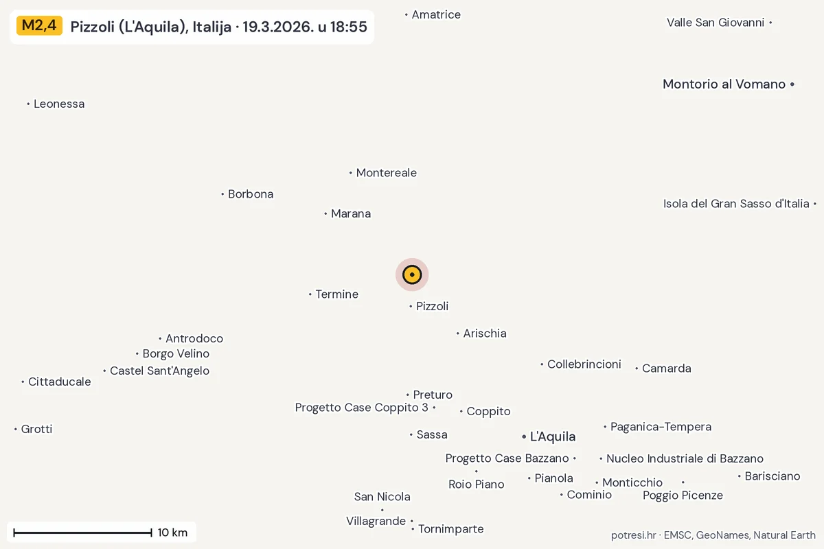 Karta: okolica epicentra, 60 km, potres M2,4, Pizzoli (L'Aquila), Italija, 19.3.2026.