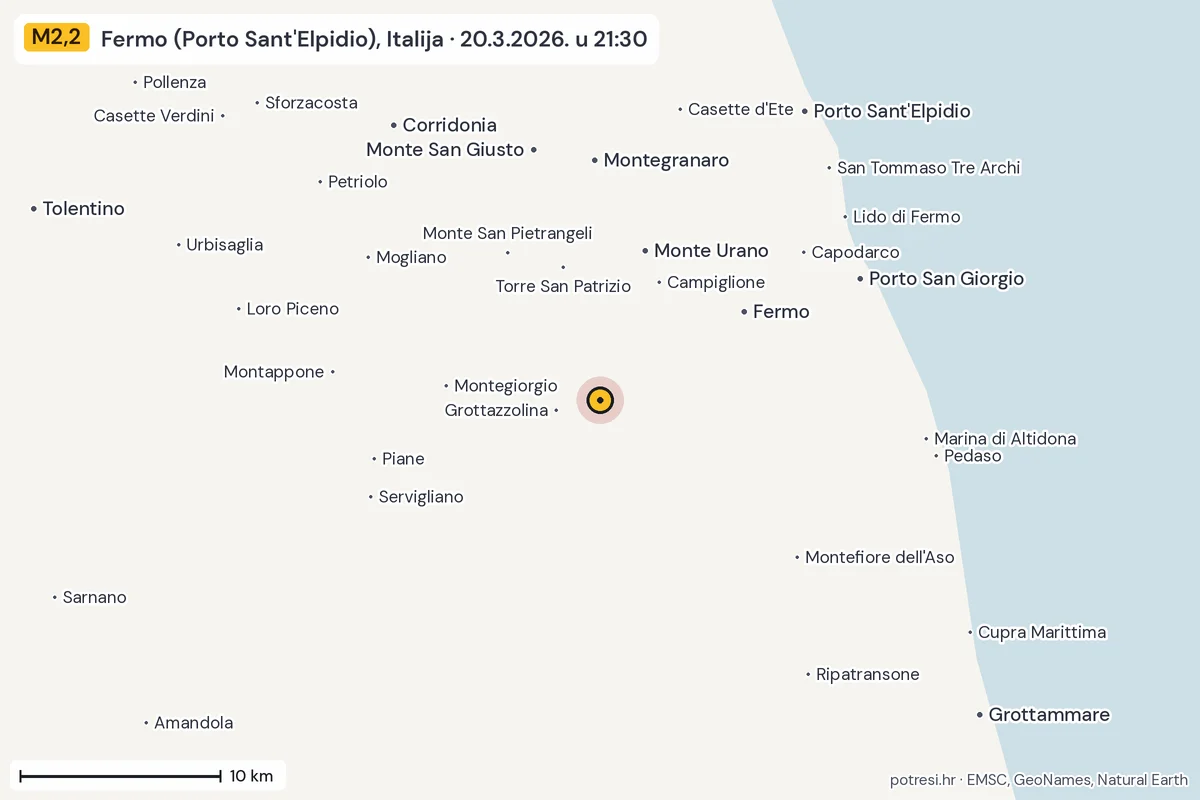 Karta: okolica epicentra, 60 km, potres M2,2, Fermo (Porto Sant'Elpidio), Italija, 20.3.2026.
