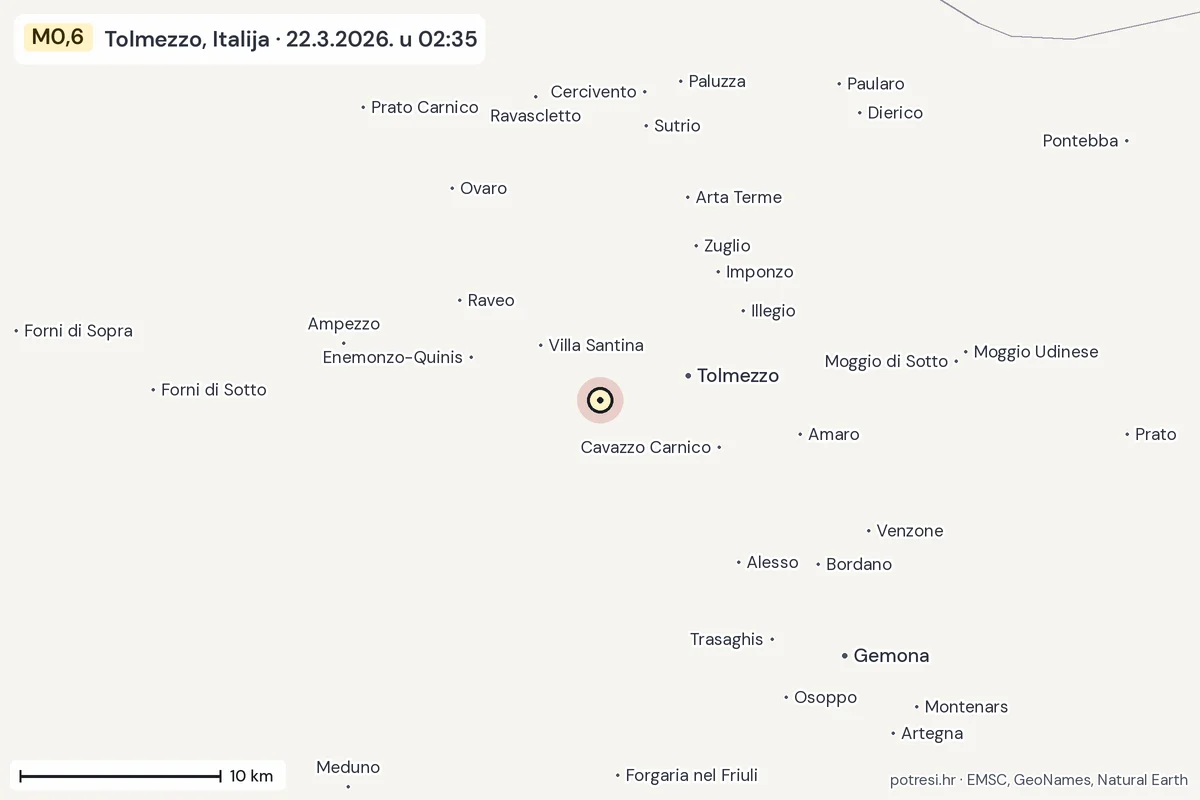 Karta: okolica epicentra, 60 km, potres M0,6, Tolmezzo, Italija, 22.3.2026.
