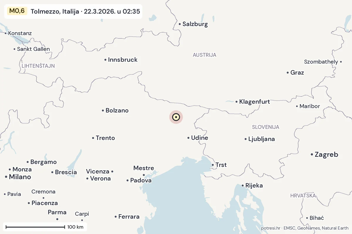 Karta: šire područje, 600 km, potres M0,6, Tolmezzo, Italija, 22.3.2026.