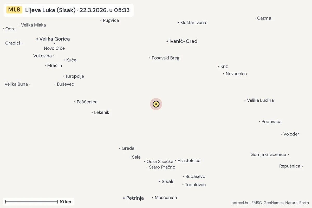 Karta: okolica epicentra, 60 km, potres M1,8, Lijeva Luka (Sisak), 22.3.2026.