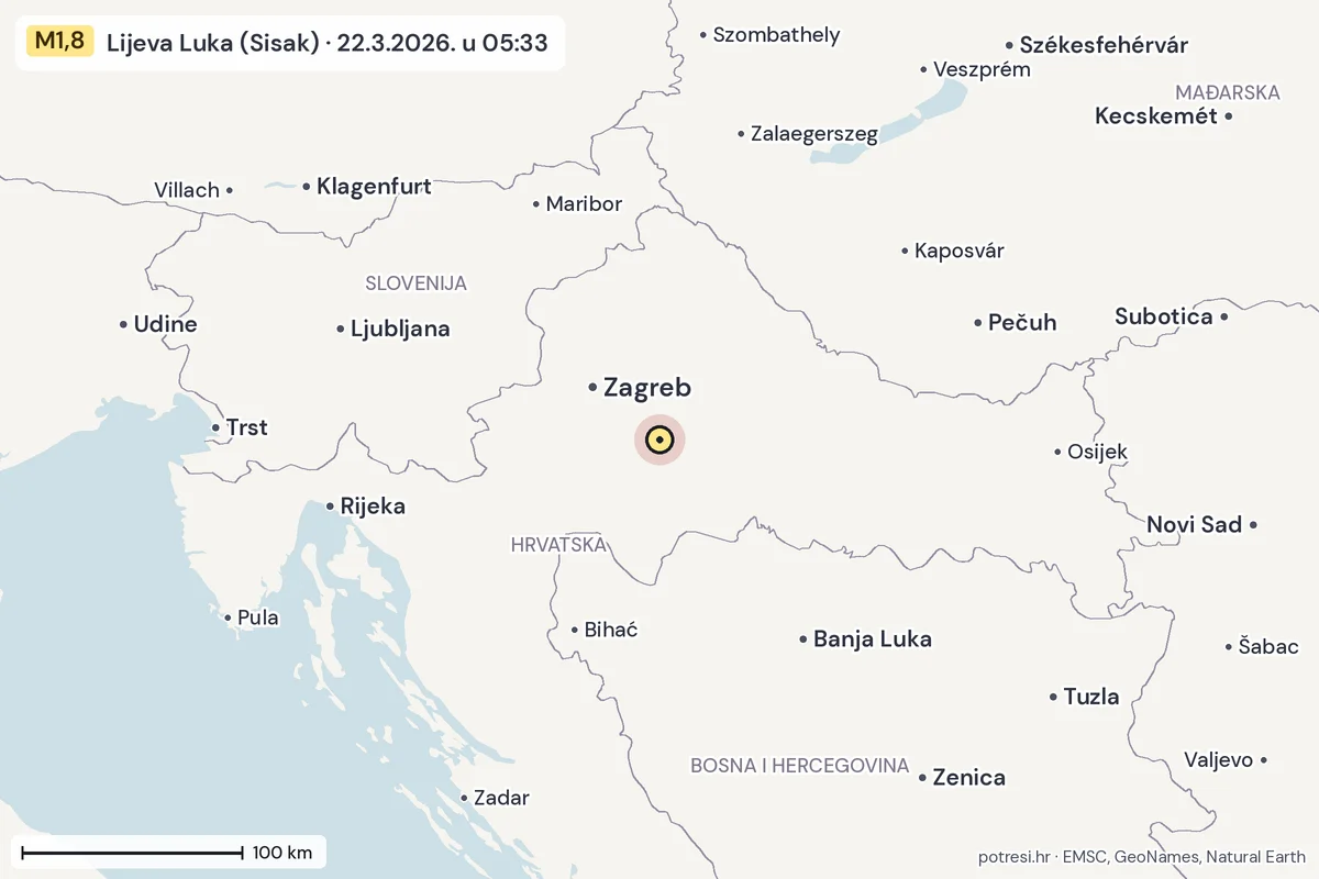Karta: šire područje, 600 km, potres M1,8, Lijeva Luka (Sisak), 22.3.2026.