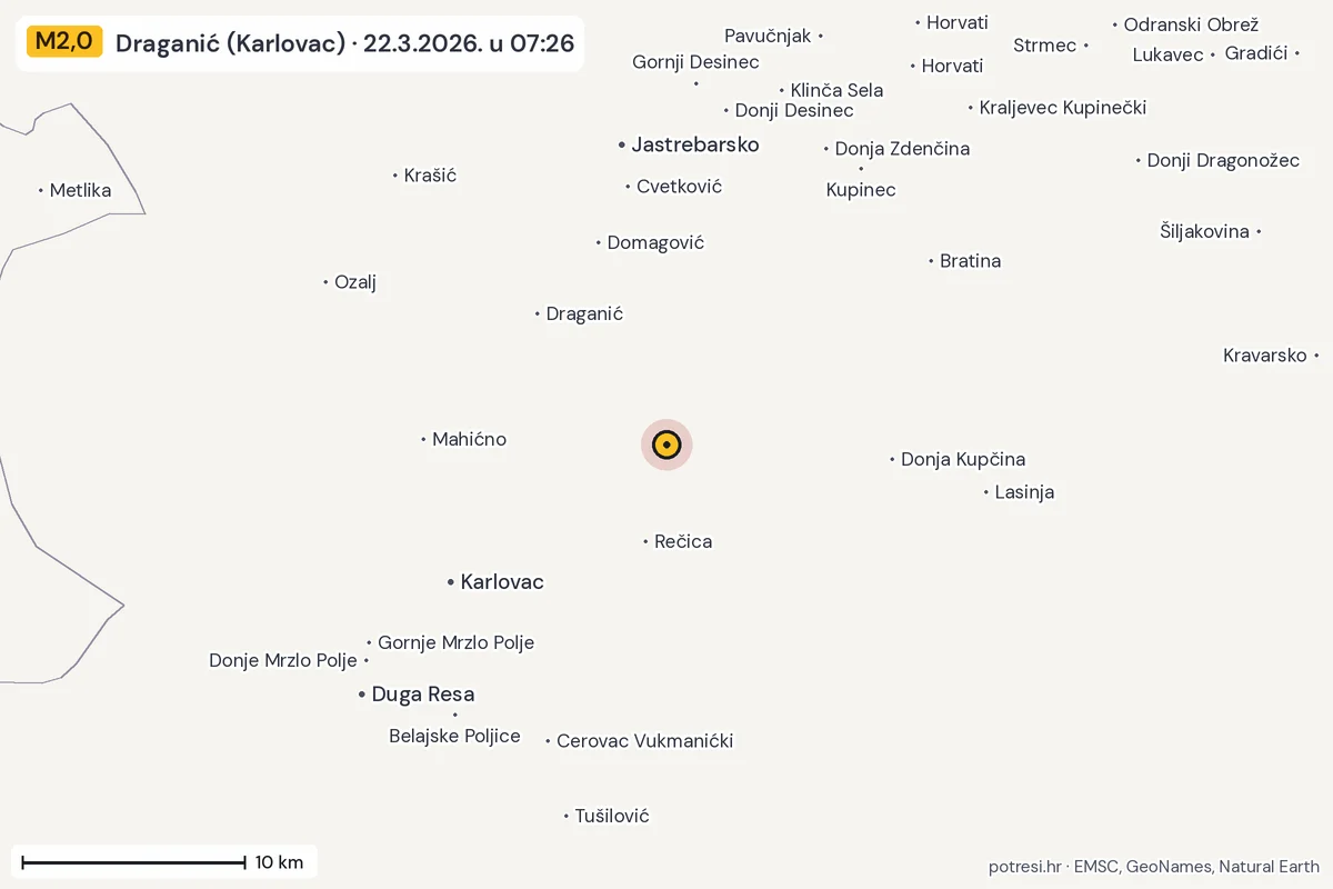 Karta: okolica epicentra, 60 km, potres M2,0, Draganić (Karlovac), 22.3.2026.