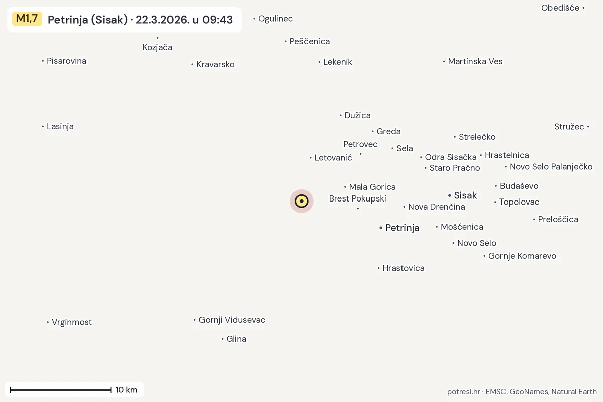 Karta: okolica epicentra, 60 km, potres M1,7, Petrinja (Sisak), 22.3.2026.