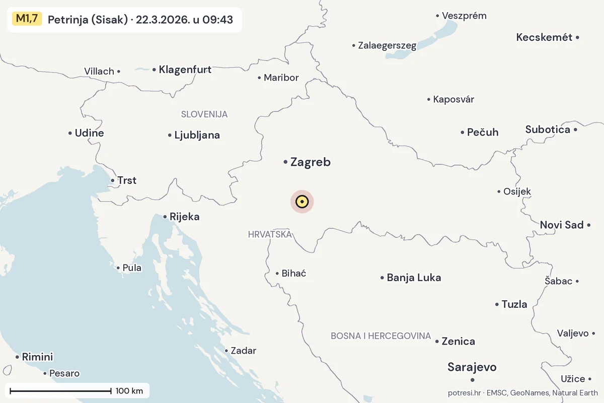 Karta: šire područje, 600 km, potres M1,7, Petrinja (Sisak), 22.3.2026.