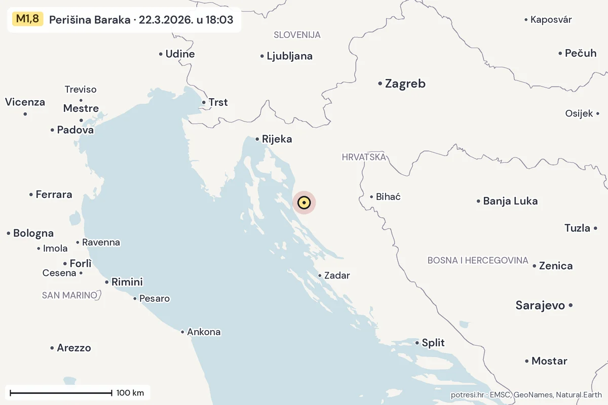 Karta: šire područje, 600 km, potres M1,8, Perišina Baraka, 22.3.2026.
