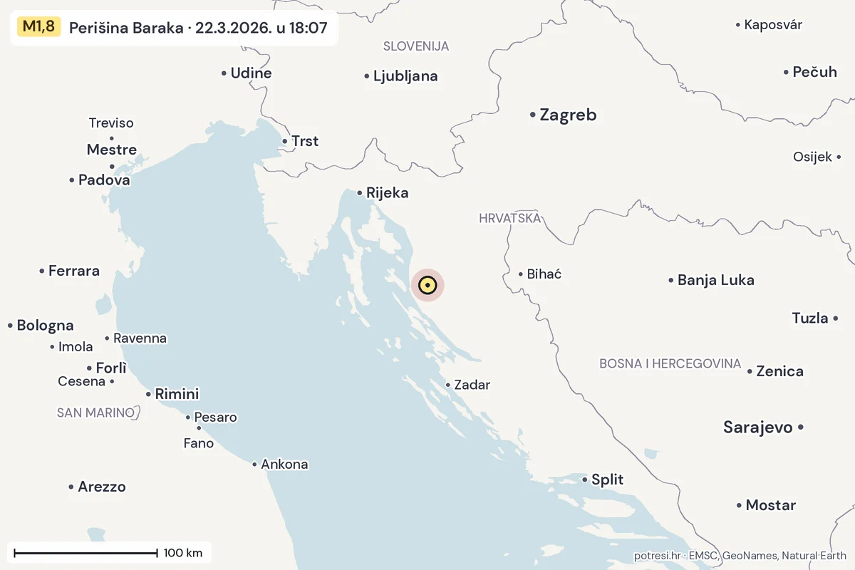 Karta: šire područje, 600 km, potres M1,8, Perišina Baraka, 22.3.2026.