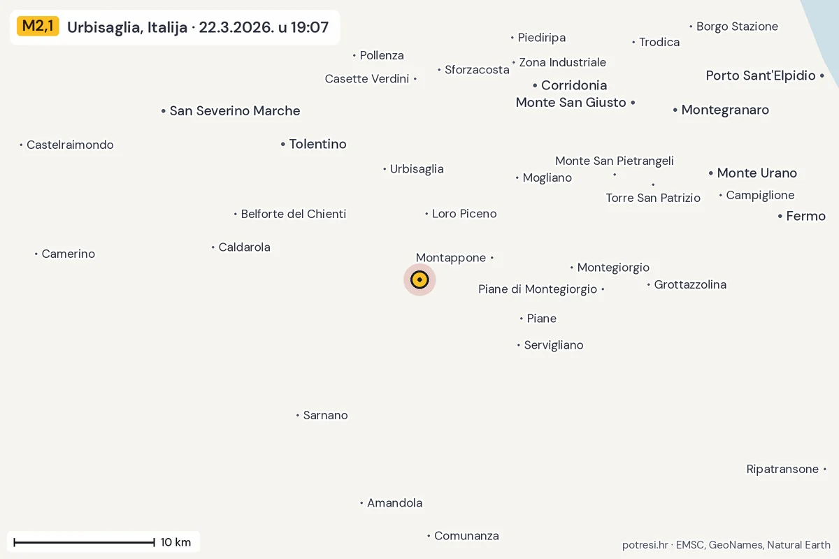 Karta: okolica epicentra, 60 km, potres M2,1, Urbisaglia, Italija, 22.3.2026.