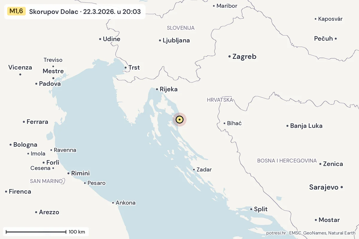 Karta: šire područje, 600 km, potres M1,6, Skorupov Dolac, 22.3.2026.