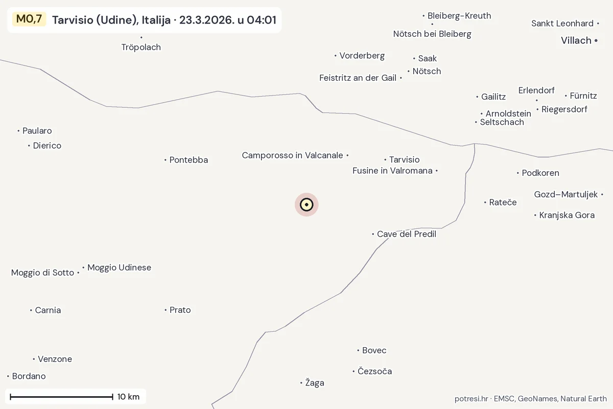 Karta: okolica epicentra, 60 km, potres M0,7, Tarvisio (Udine), Italija, 23.3.2026.