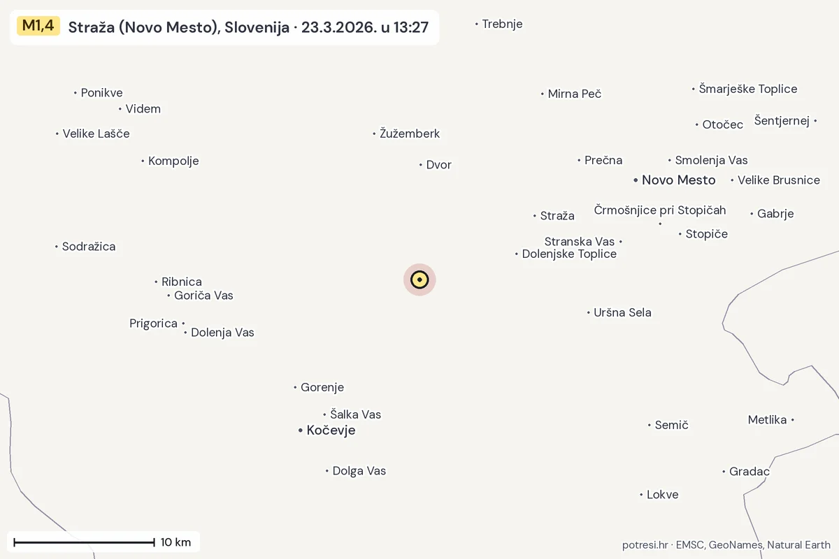 Karta: okolica epicentra, 60 km, potres M1,4, Straža (Novo Mesto), Slovenija, 23.3.2026.
