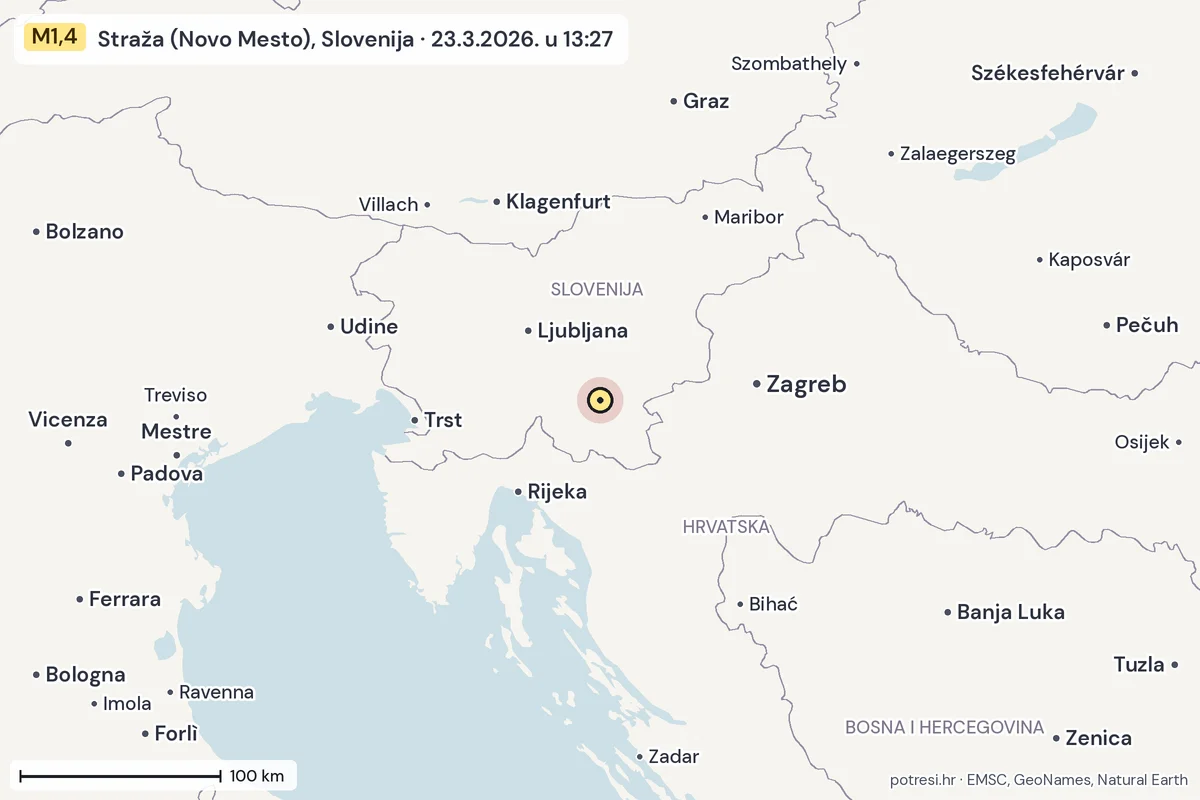 Karta: šire područje, 600 km, potres M1,4, Straža (Novo Mesto), Slovenija, 23.3.2026.