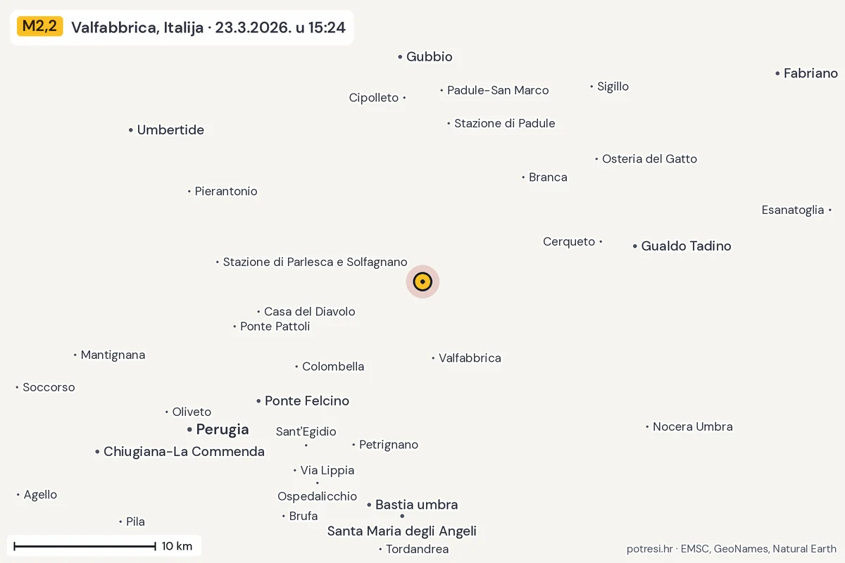 Karta: okolica epicentra, 60 km, potres M2,2, Valfabbrica, Italija, 23.3.2026.