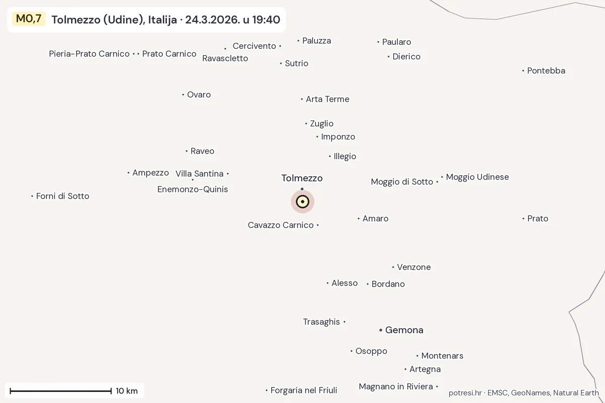 Karta: okolica epicentra, 60 km, potres M0,7, Tolmezzo (Udine), Italija, 24.3.2026.