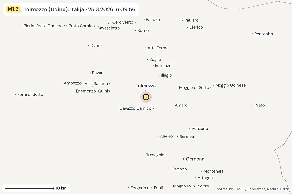 Karta: okolica epicentra, 60 km, potres M1,3, Tolmezzo (Udine), Italija, 25.3.2026.