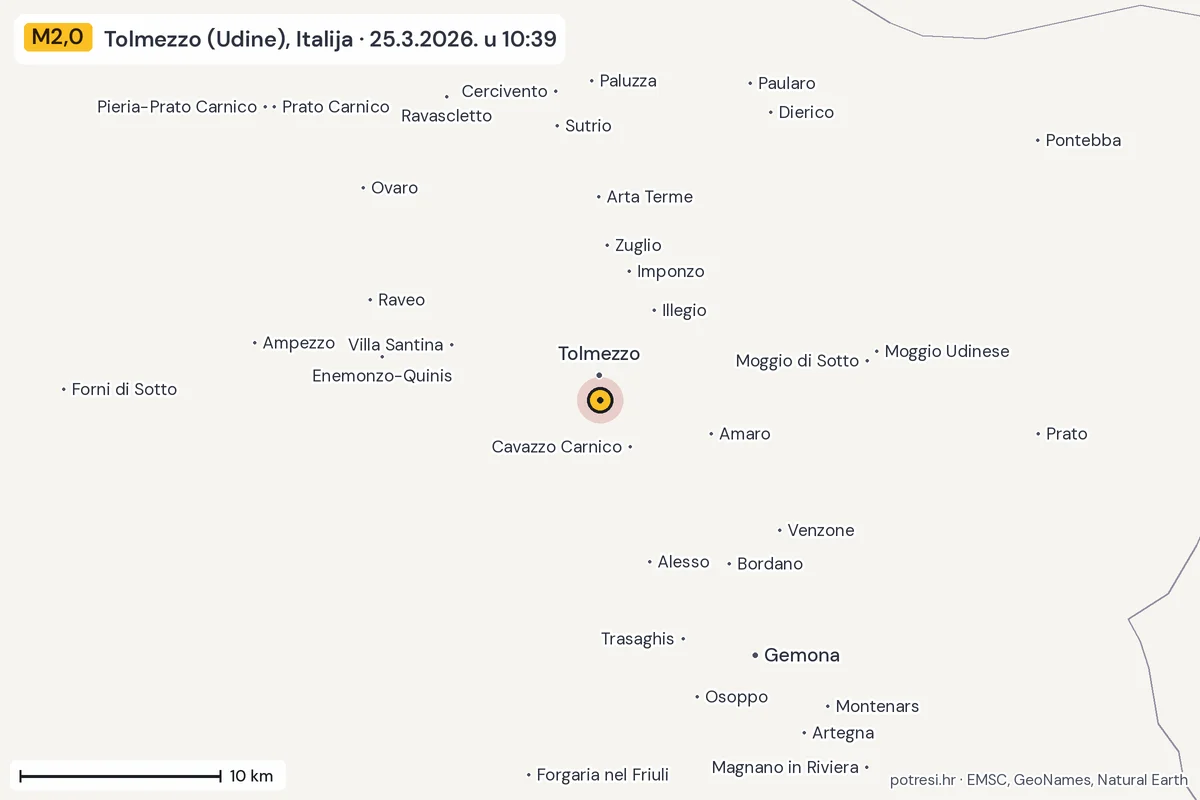Karta: okolica epicentra, 60 km, potres M2,0, Tolmezzo (Udine), Italija, 25.3.2026.