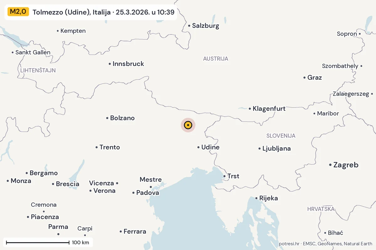 Karta: šire područje, 600 km, potres M2,0, Tolmezzo (Udine), Italija, 25.3.2026.