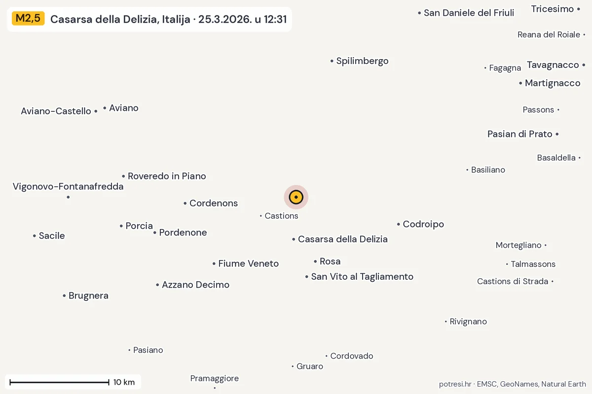 Karta: okolica epicentra, 60 km, potres M2,5, Casarsa della Delizia, Italija, 25.3.2026.
