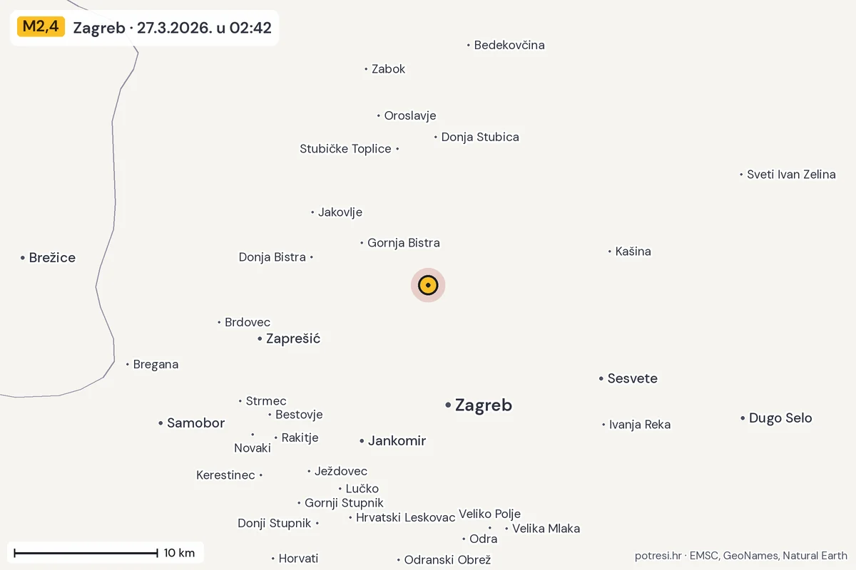 Karta: okolica epicentra, 60 km, potres M2,4, Zagreb, 27.3.2026.