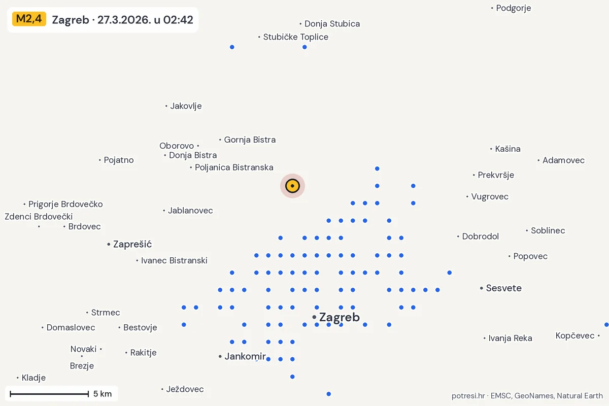 Karta: izvješća građana, potres M2,4, Zagreb, 27.3.2026.