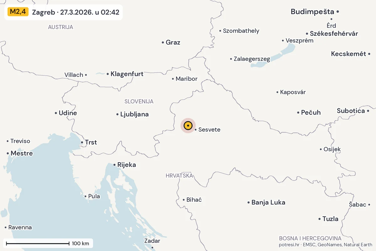 Karta: šire područje, 600 km, potres M2,4, Zagreb, 27.3.2026.