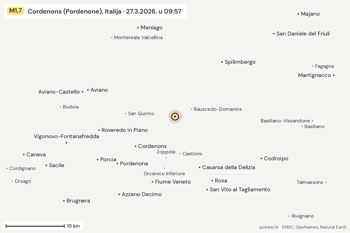 Karta: okolica epicentra, 60 km, potres M1,7, Cordenons (Pordenone), Italija, 27.3.2026.