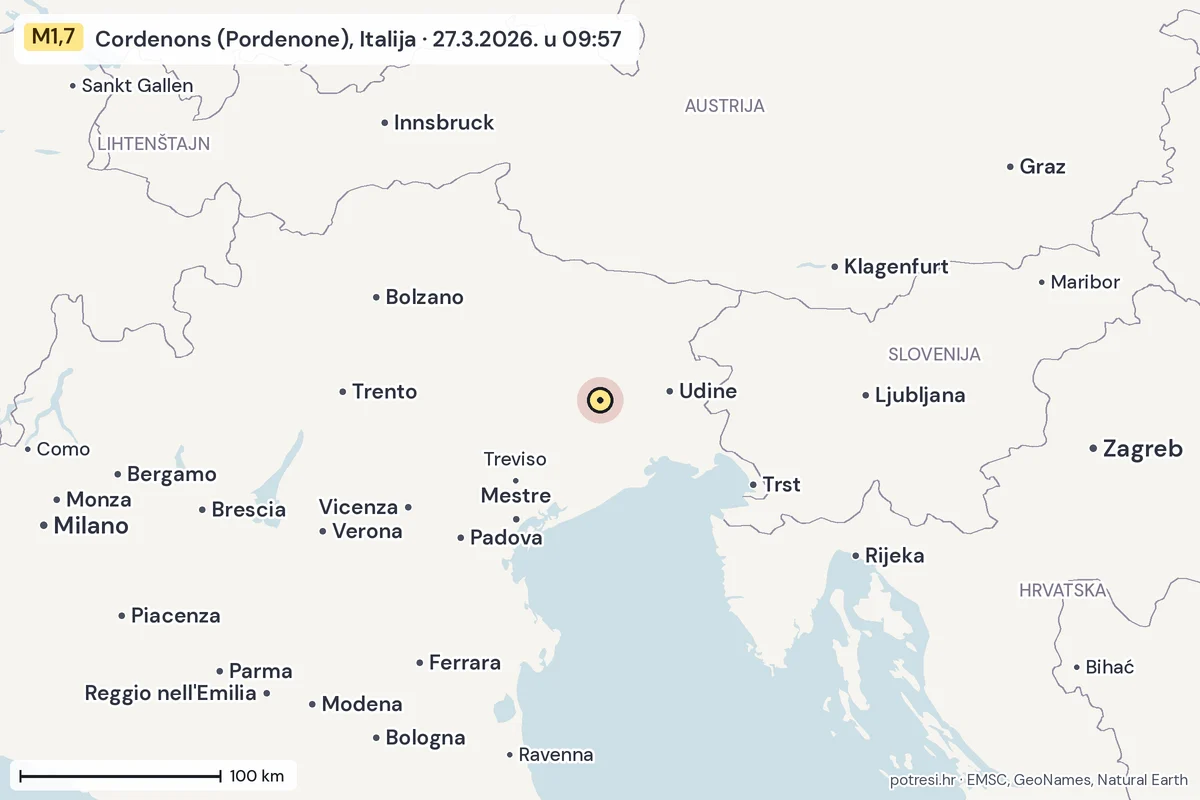 Karta: šire područje, 600 km, potres M1,7, Cordenons (Pordenone), Italija, 27.3.2026.