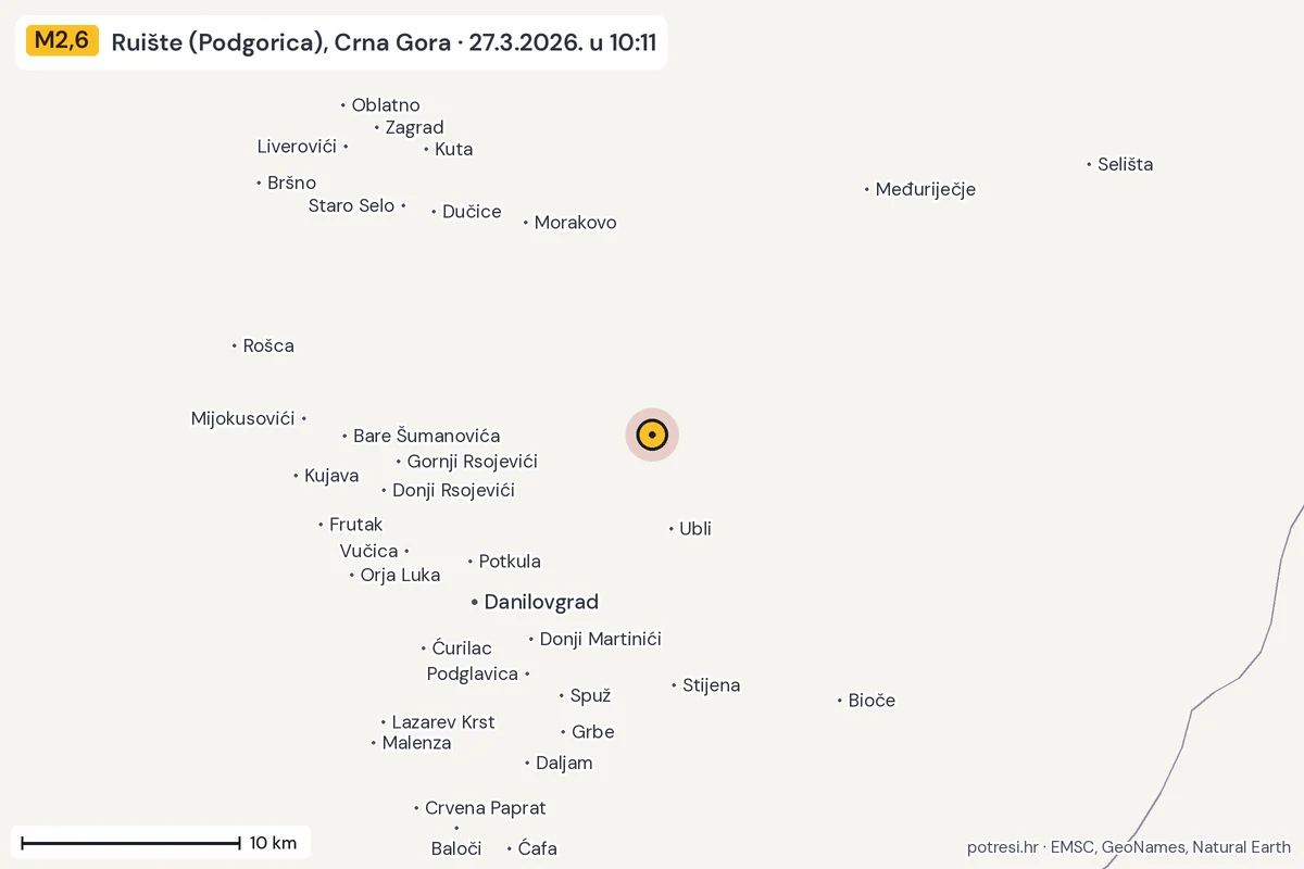 Karta: okolica epicentra, 60 km, potres M2,6, Ruište (Podgorica), Crna Gora, 27.3.2026.