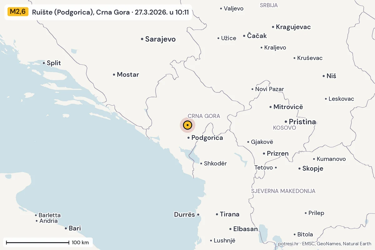 Karta: šire područje, 600 km, potres M2,6, Ruište (Podgorica), Crna Gora, 27.3.2026.