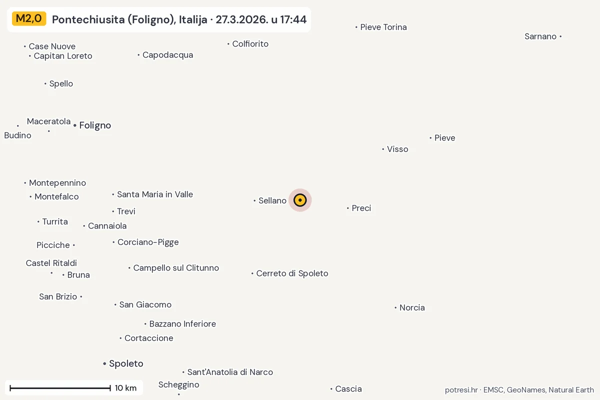 Karta: okolica epicentra, 60 km, potres M2,0, Pontechiusita (Foligno), Italija, 27.3.2026.