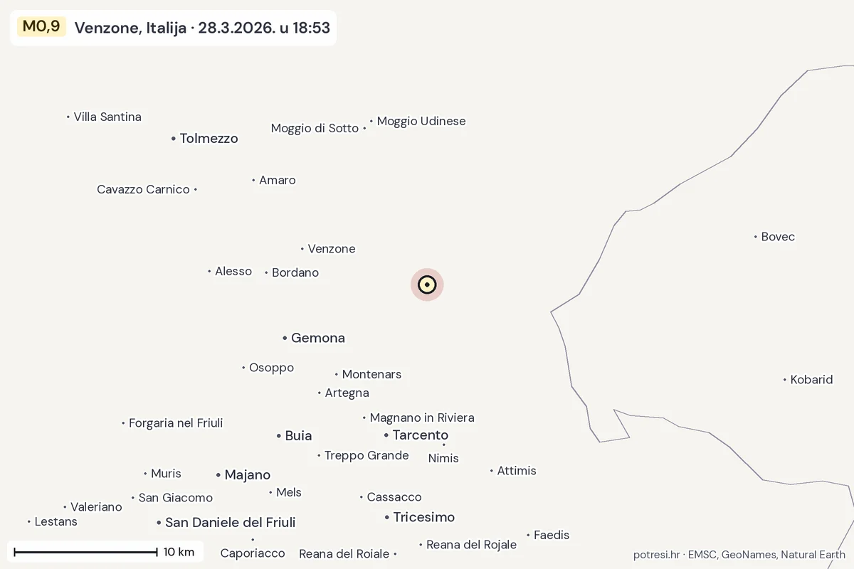 Karta: okolica epicentra, 60 km, potres M0,9, Venzone, Italija, 28.3.2026.