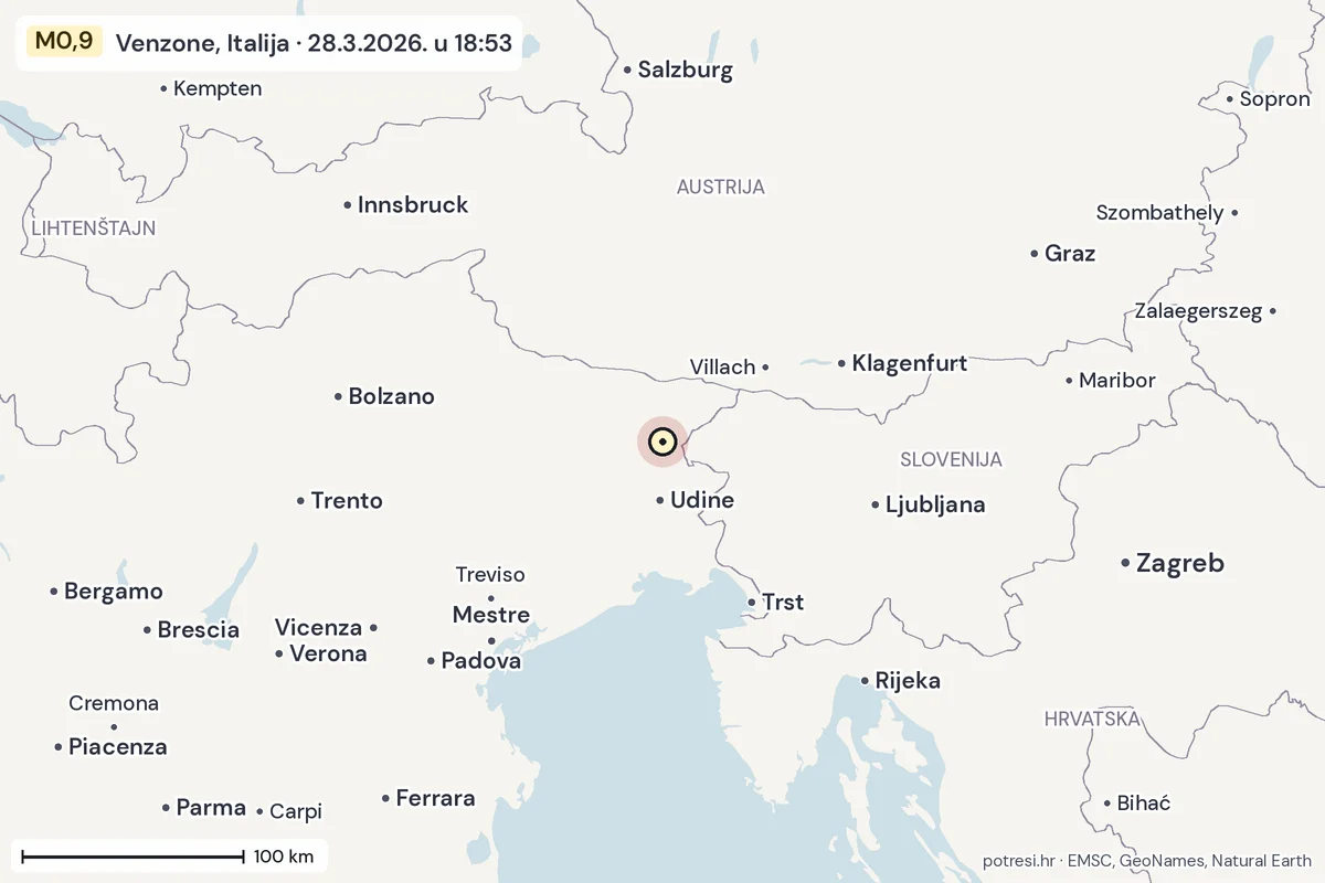 Karta: šire područje, 600 km, potres M0,9, Venzone, Italija, 28.3.2026.