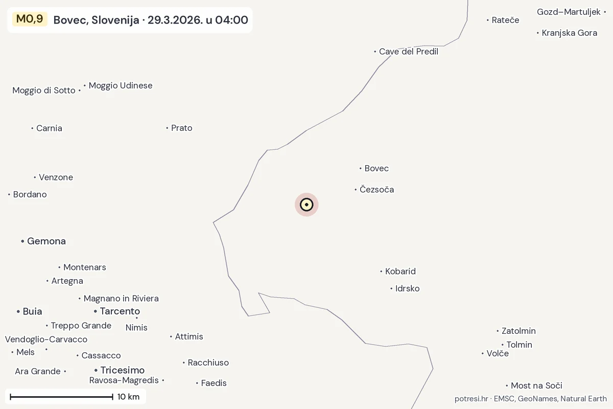 Karta: okolica epicentra, 60 km, potres M0,9, Bovec, Slovenija, 29.3.2026.