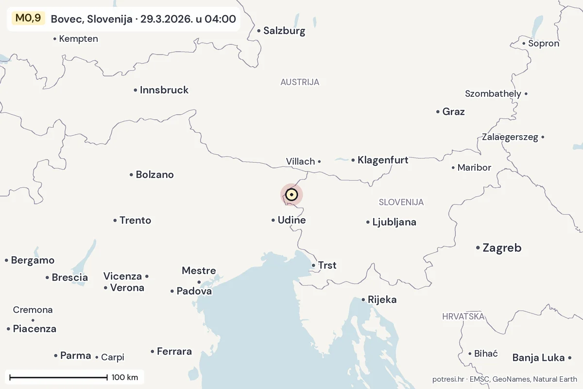 Karta: šire područje, 600 km, potres M0,9, Bovec, Slovenija, 29.3.2026.