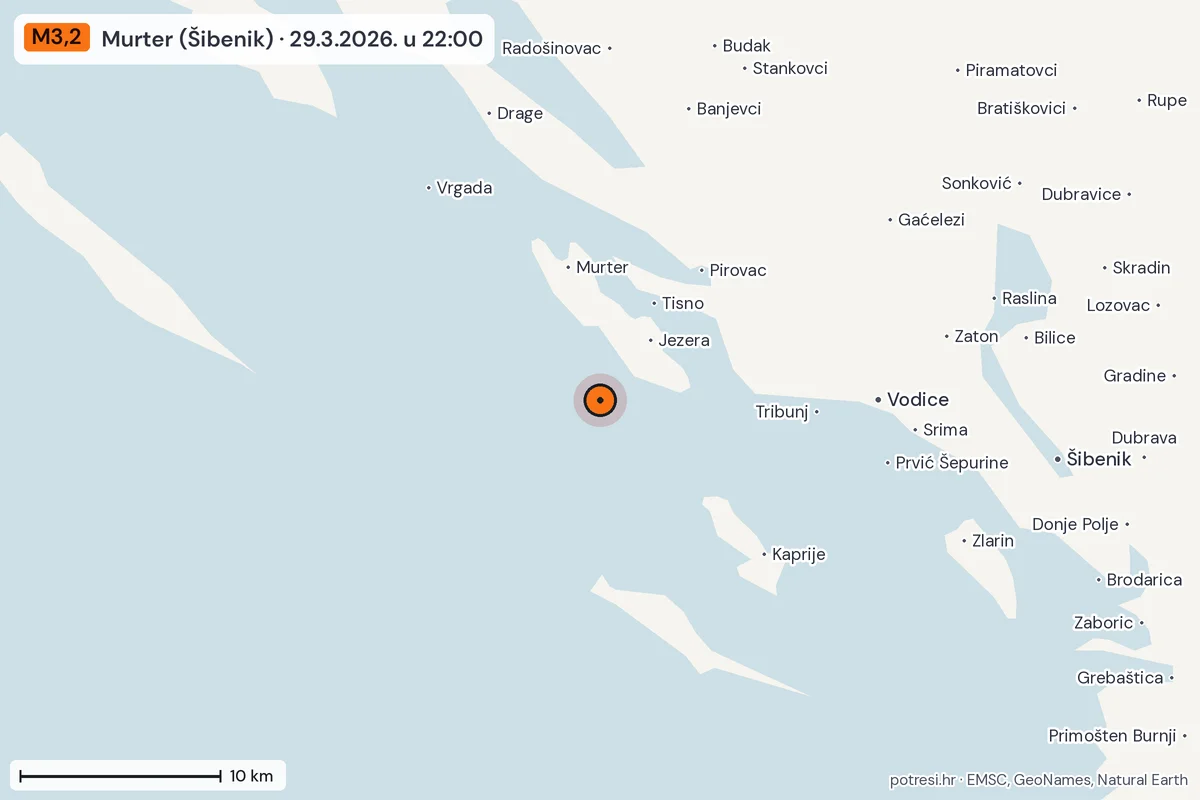 Karta: okolica epicentra, 60 km, potres M3,2, Murter (Šibenik), 29.3.2026.