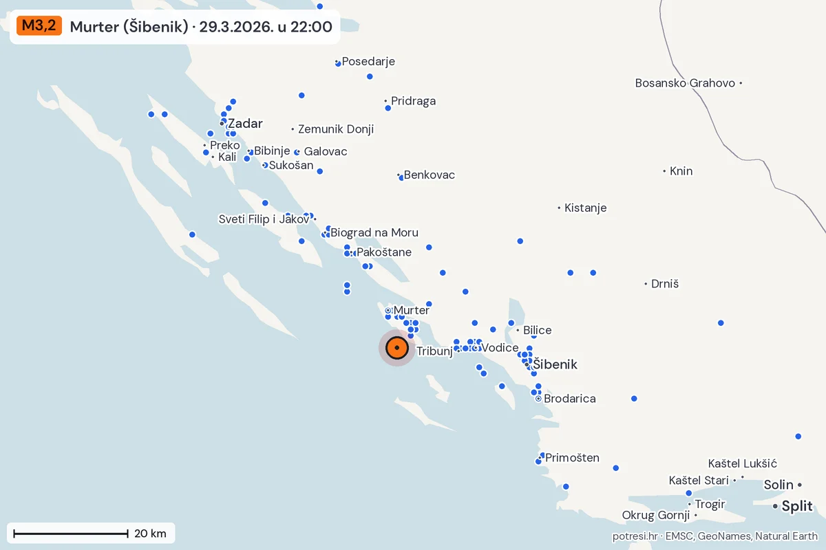 Karta: izvješća građana, potres M3,2, Murter (Šibenik), 29.3.2026.