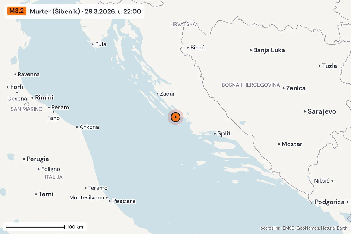 Karta: šire područje, 600 km, potres M3,2, Murter (Šibenik), 29.3.2026.