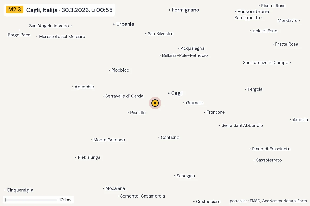 Karta: okolica epicentra, 60 km, potres M2,3, Cagli, Italija, 30.3.2026.