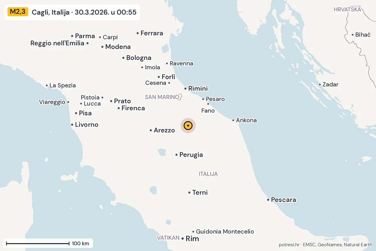 Karta: šire područje, 600 km, potres M2,3, Cagli, Italija, 30.3.2026.