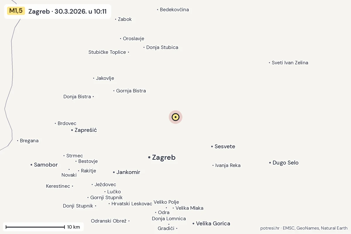 Karta: okolica epicentra, 60 km, potres M1,5, Zagreb, 30.3.2026.