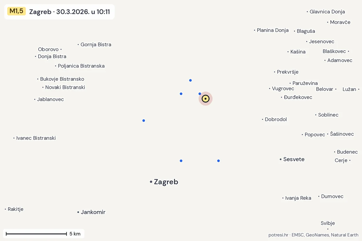 Karta: izvješća građana, potres M1,5, Zagreb, 30.3.2026.