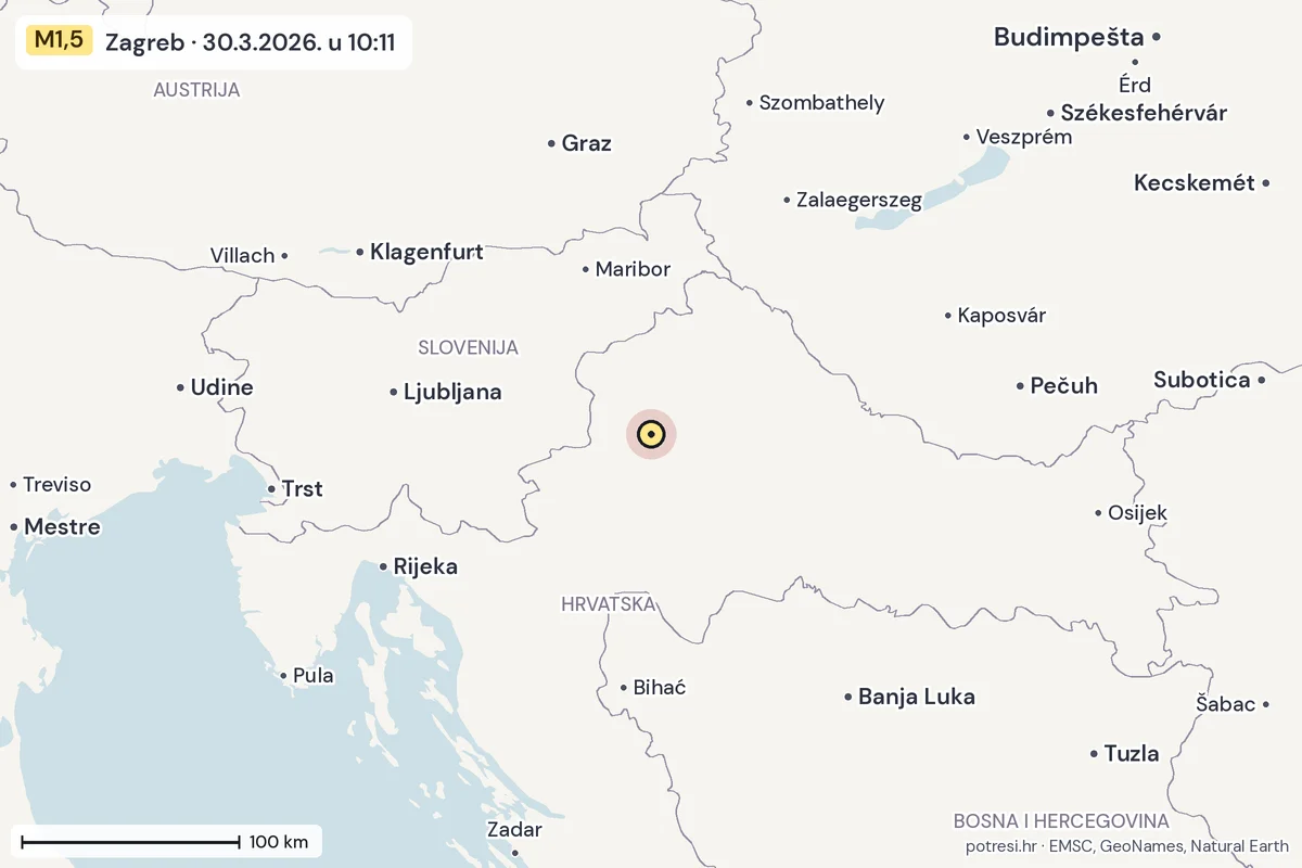 Karta: šire područje, 600 km, potres M1,5, Zagreb, 30.3.2026.