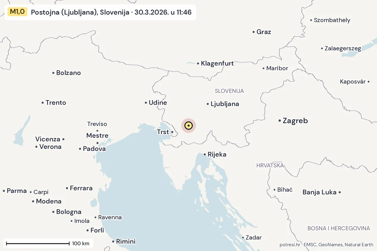 Karta: šire područje, 600 km, potres M1,0, Postojna (Ljubljana), Slovenija, 30.3.2026.