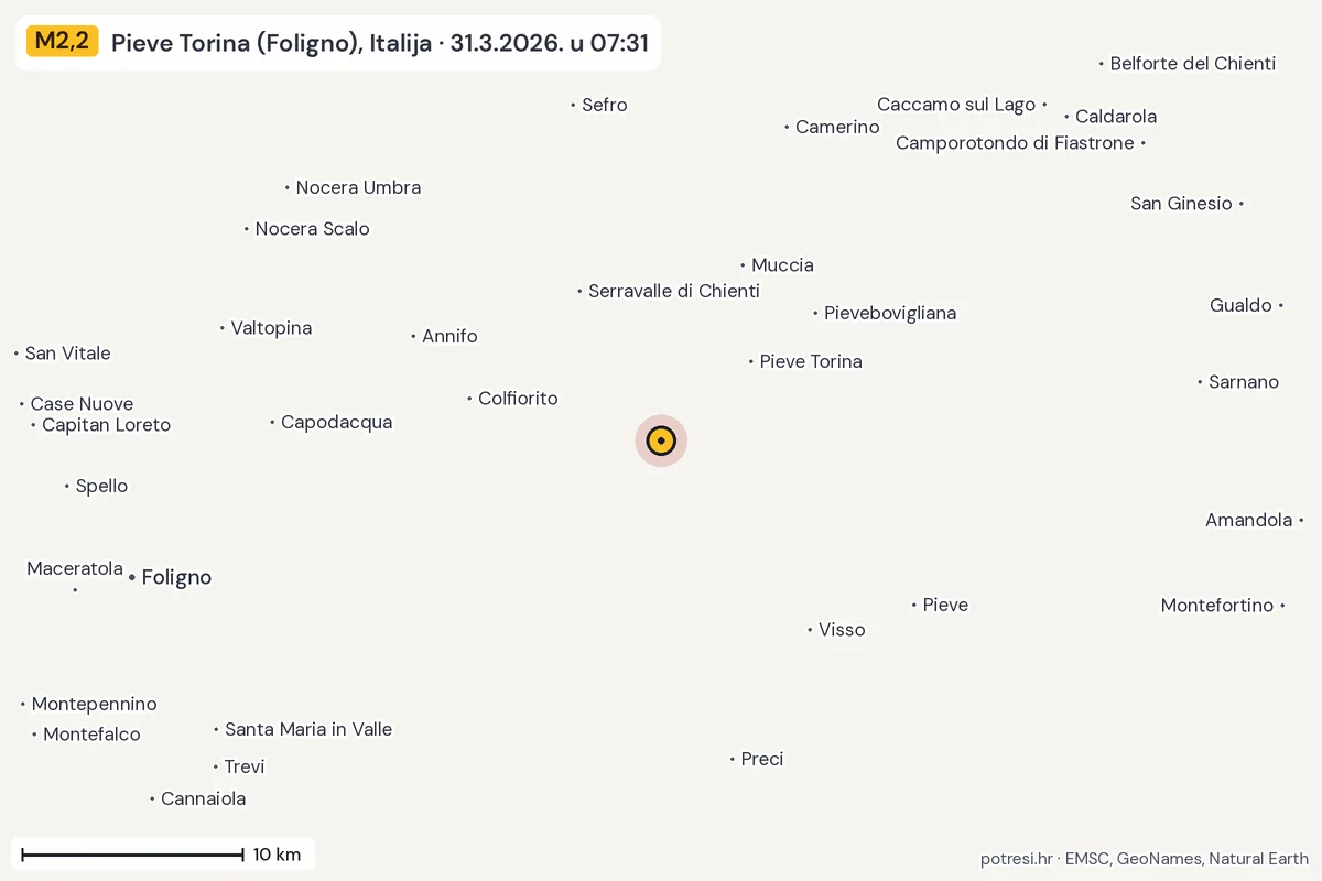 Karta: okolica epicentra, 60 km, potres M2,2, Pieve Torina (Foligno), Italija, 31.3.2026.