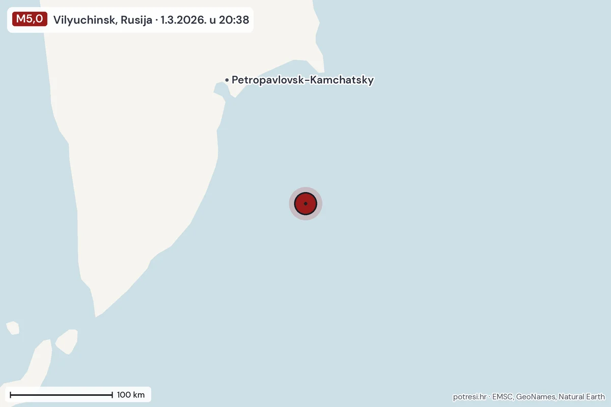 Karta: šire područje, 600 km, potres M5,0, Vilyuchinsk, Rusija, 1.3.2026.
