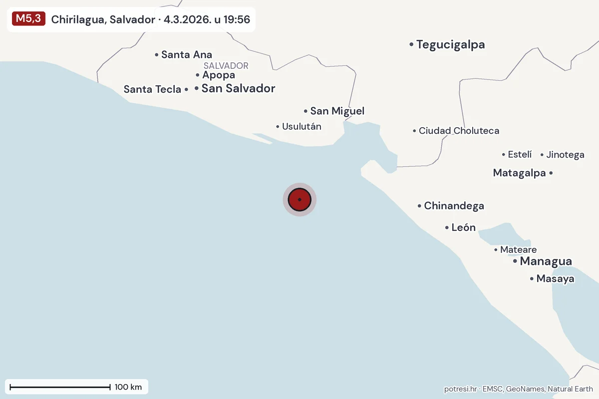 Karta: šire područje, 600 km, potres M5,3, Chirilagua, Salvador, 4.3.2026.