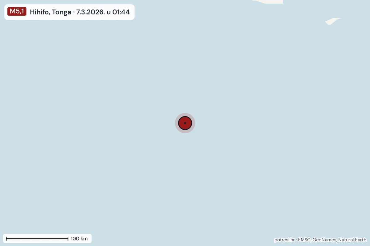 Karta: šire područje, 600 km, potres M5,1, Hihifo, Tonga, 7.3.2026.
