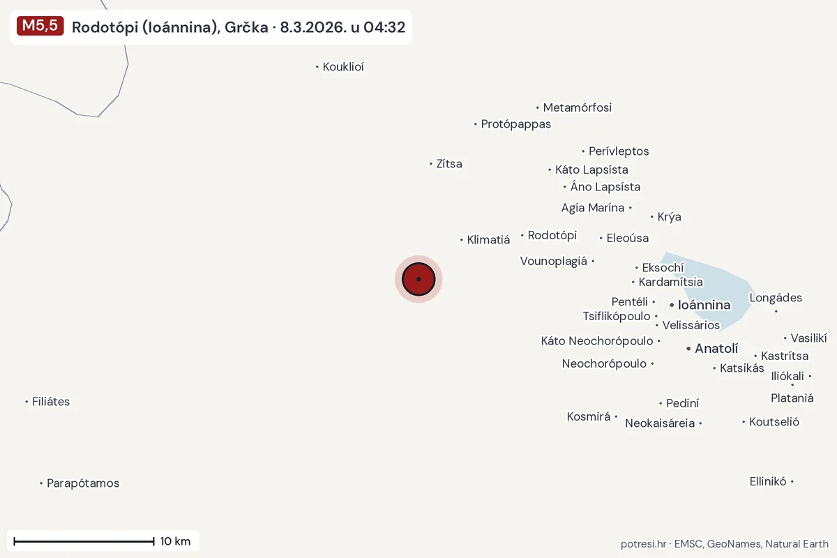Karta: okolica epicentra, 60 km, potres M5,5, Rodotópi (Ioánnina), Grčka, 8.3.2026.