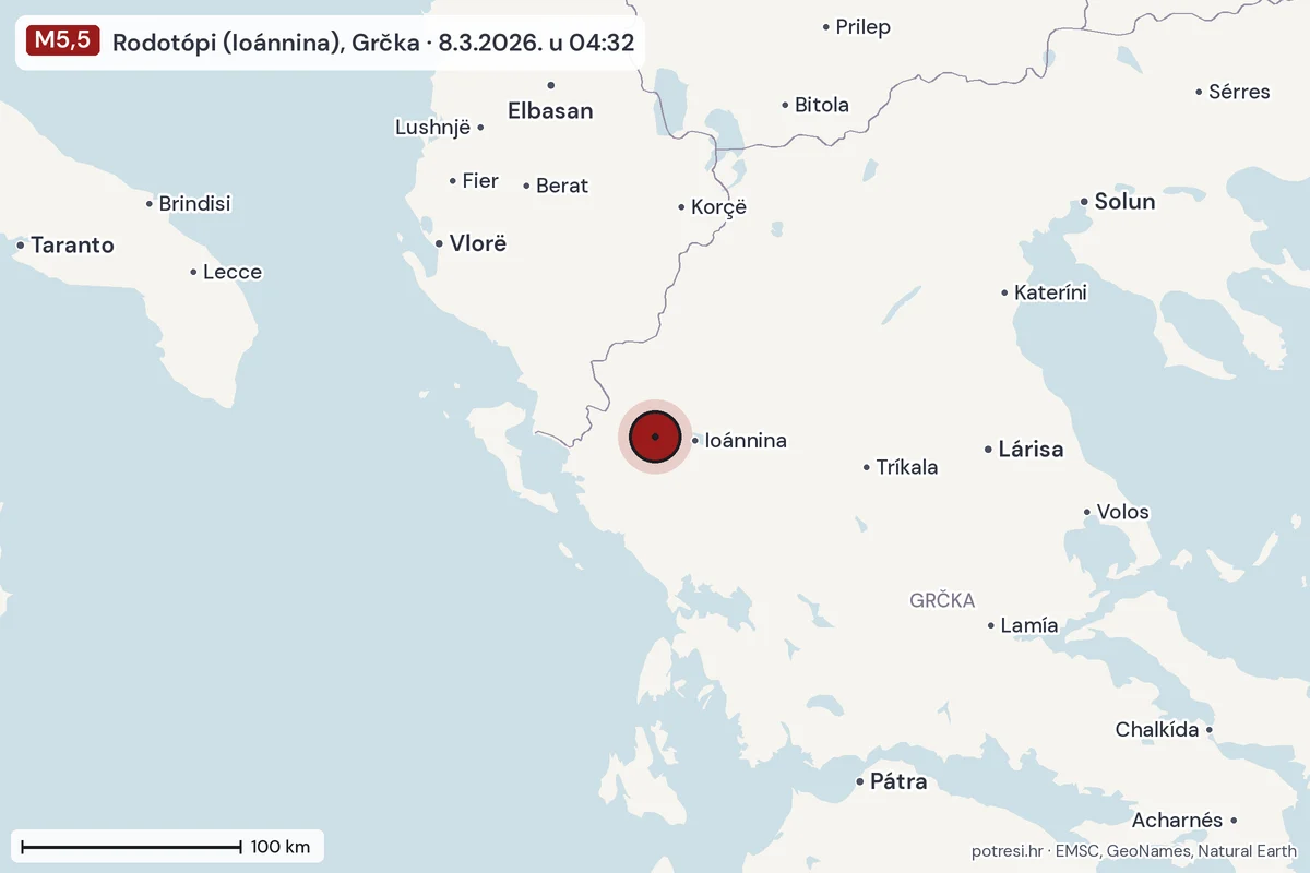 Karta: šire područje, 600 km, potres M5,5, Rodotópi (Ioánnina), Grčka, 8.3.2026.